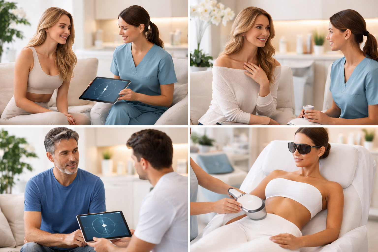 Illustration of a diverse group of people standing together, each with unique body shapes and sizes, surrounded by soft, abstract shapes that evoke a sense of inclusivity and self-acceptance.