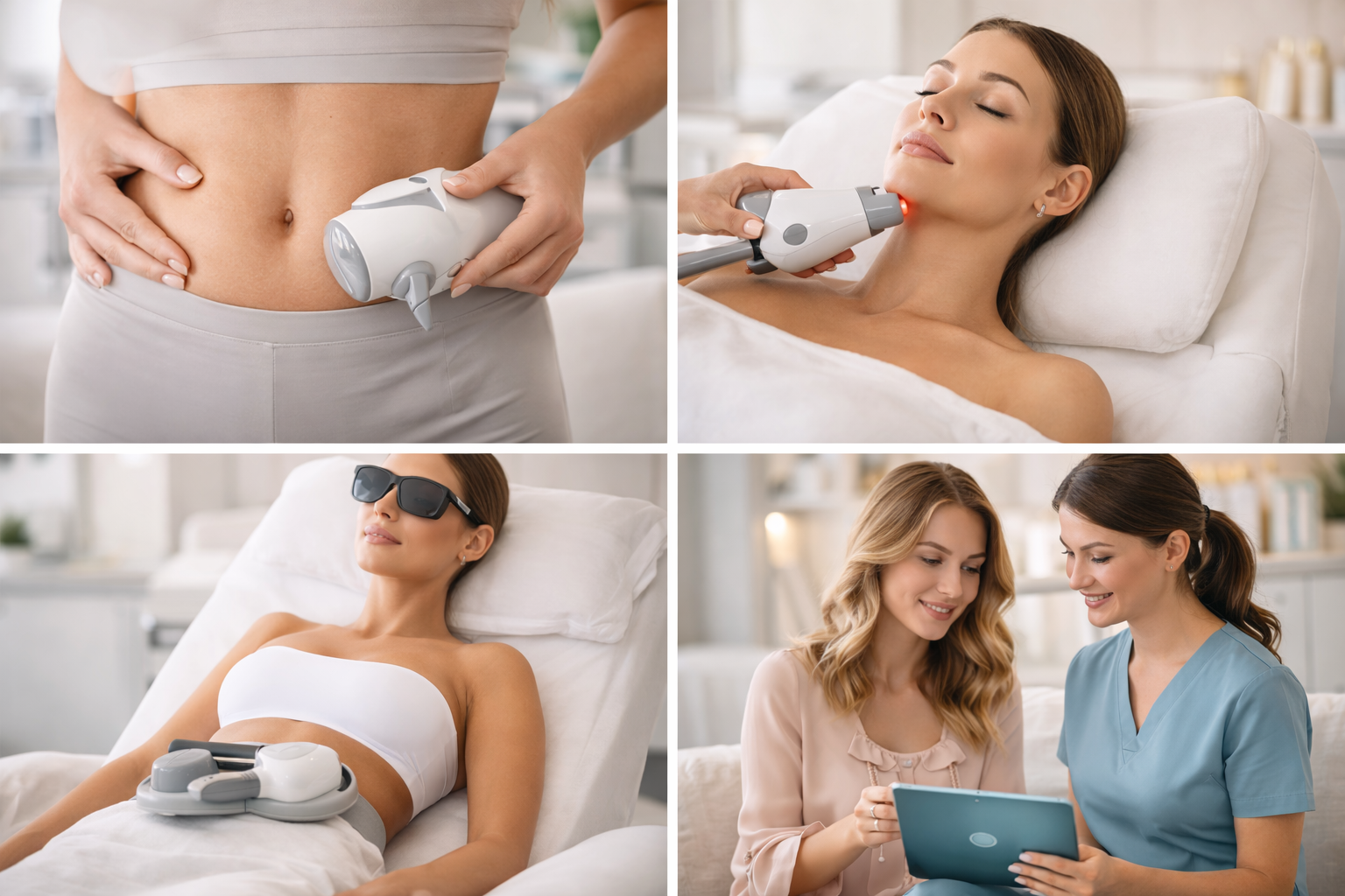 Illustration of a person undergoing non-surgical body contouring treatment, with gentle, abstract shapes surrounding them to evoke a sense of care and precision.